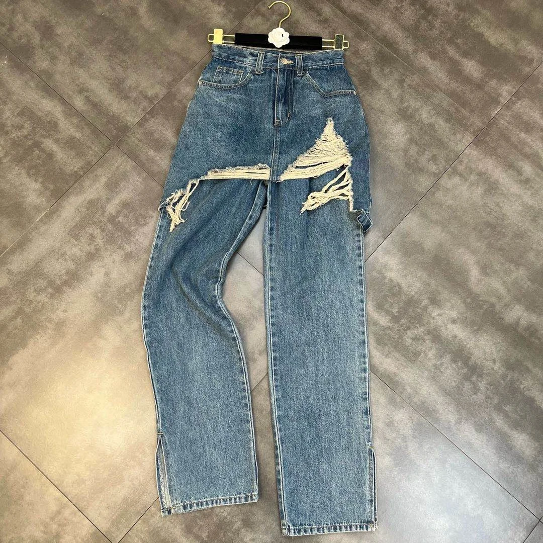 

ZCSMLL Women Personality Stitching Burrs Jeans New Arrivals High Waist Pants Fashion Temperament Spring Autumn 2021