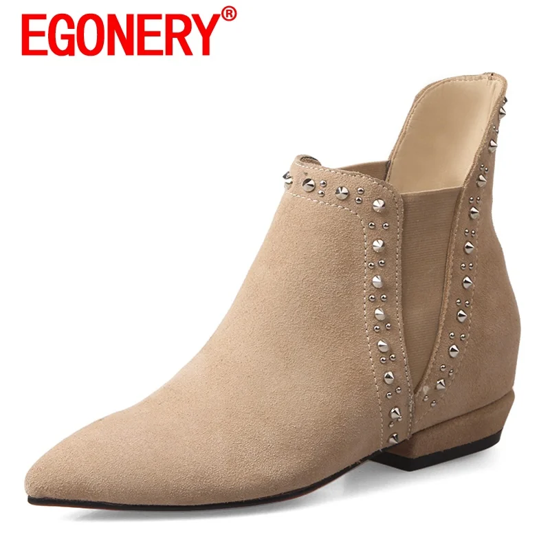 

EGONERY Women winter New Style Pointed Toe Slope Heel Ankle boots Fashion Leisure Concise Mature ventilation rivet decoration