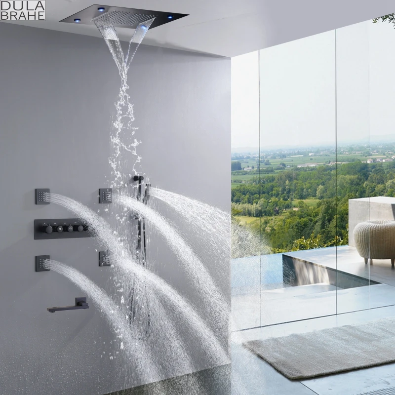 Sistema de ducha de lluvia LED termostática en cascada, conjunto de grifo mezclador de baño de 14X20 pulgadas, rectangular, de lujo