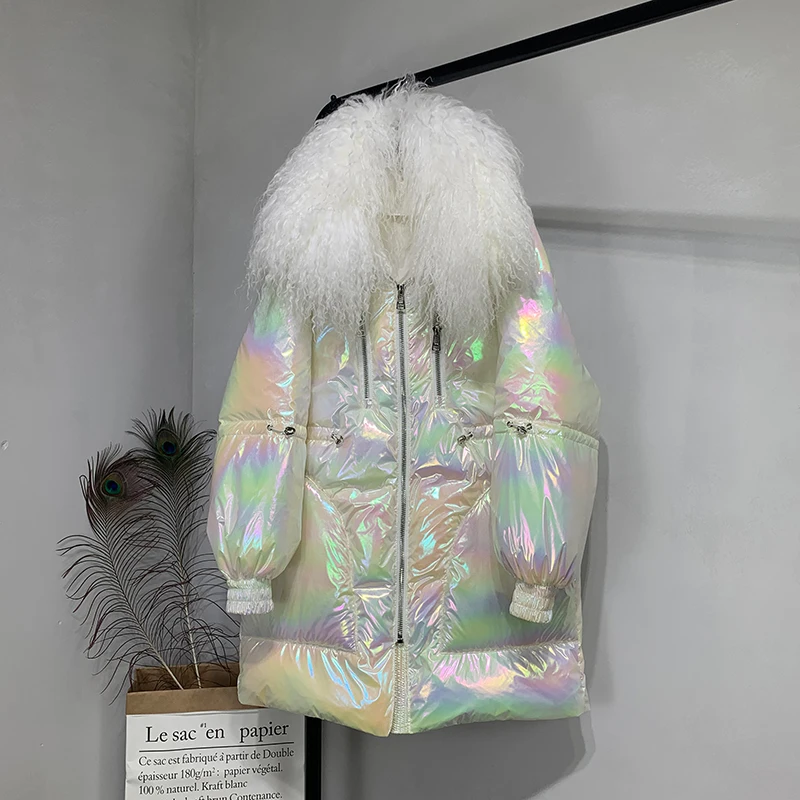 Женский пуховик с натуральным мехом Janveny водонепроницаемая блестящая