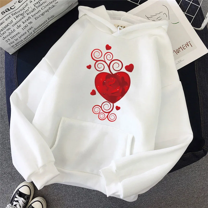 

Women Pullover Heart Print Fashion Kawaii Printed Pullovers Female Casual Hoodies Long Sleeve Hooded Loose Sweatshirt