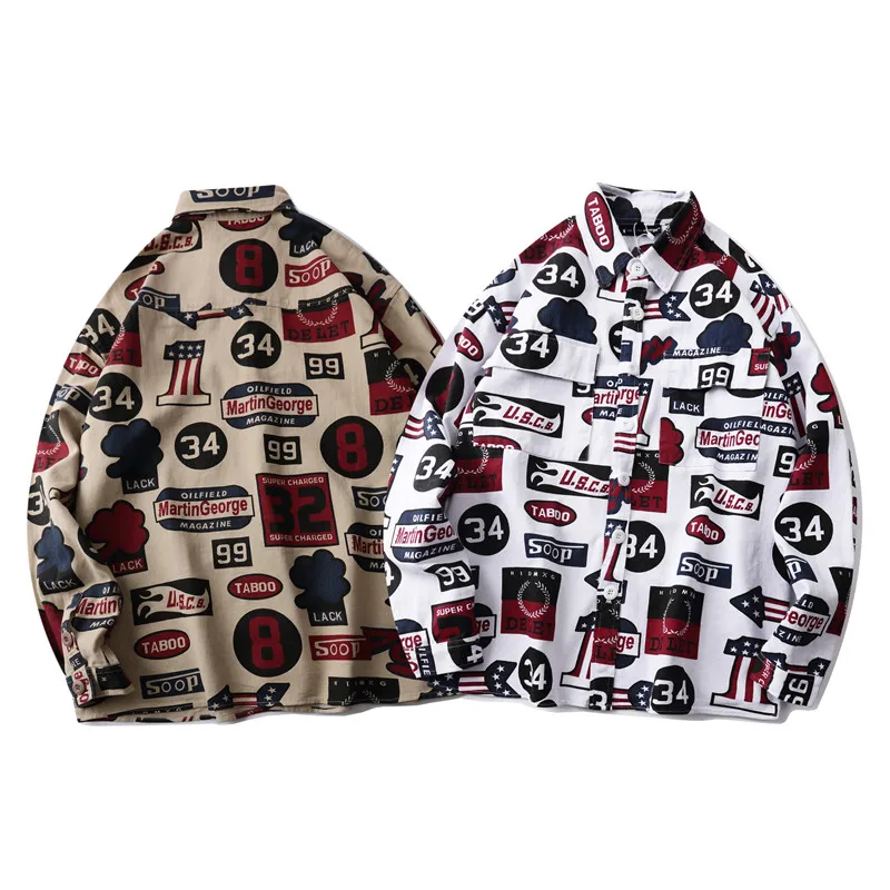 LINDSEY SEADER Creative Prints Long Sleeve Shirts Men Hip Hop Thick Dress Shirt Streetwear Hipster Fashion Casual Pockets | Мужская