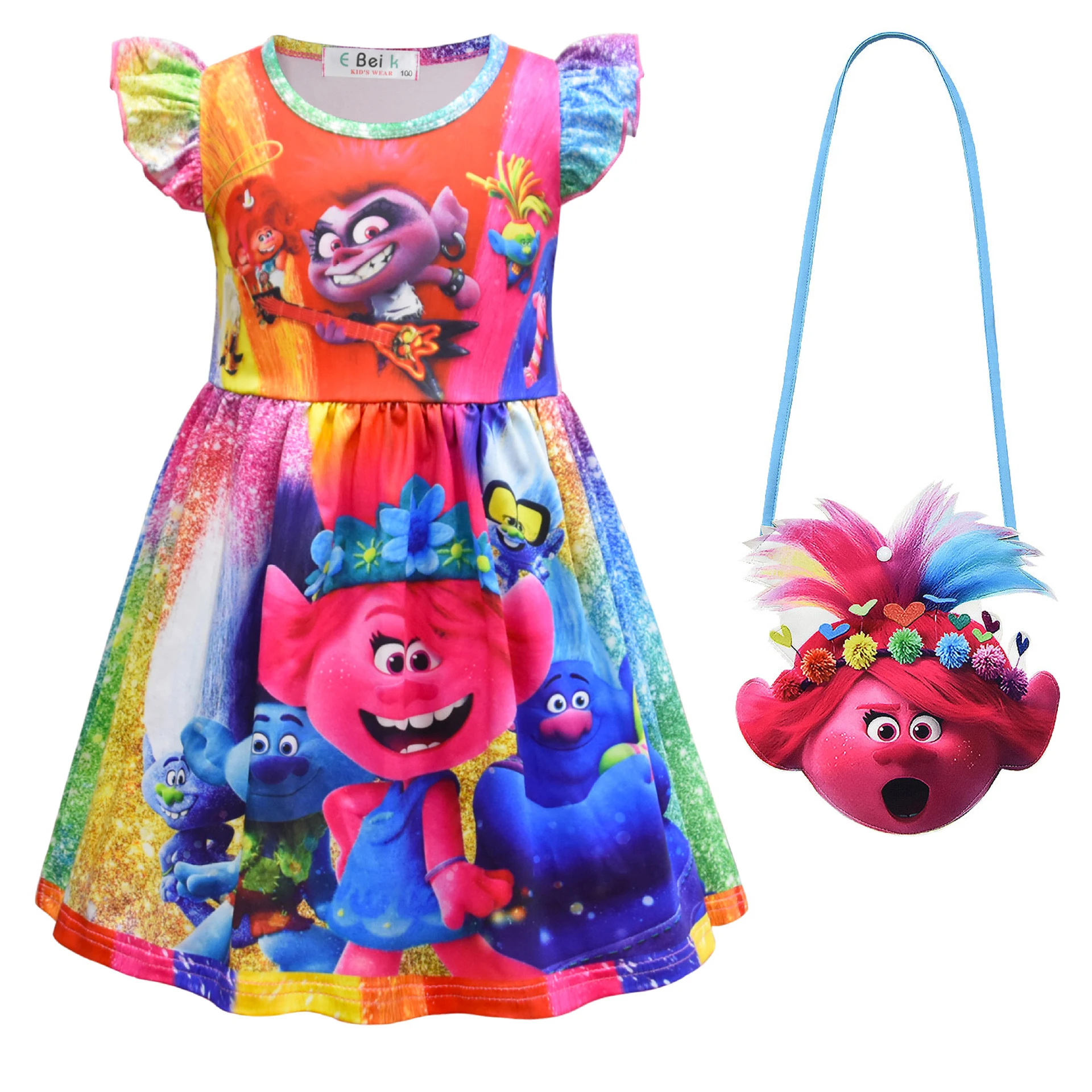 kids girls dress trolls cosplay childrens clothing summer cartoon print fly sleeve princess dresses birthday party clothes kids free global shipping
