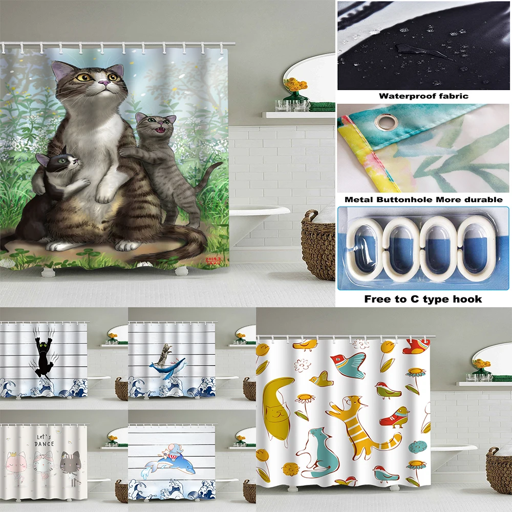 

Funny Cat 3d Cartoon Printing Shower Curtains Sets Bath Curtain Bedroom Decor Waterproof Fabric Curtains with Hooks 180*230CM