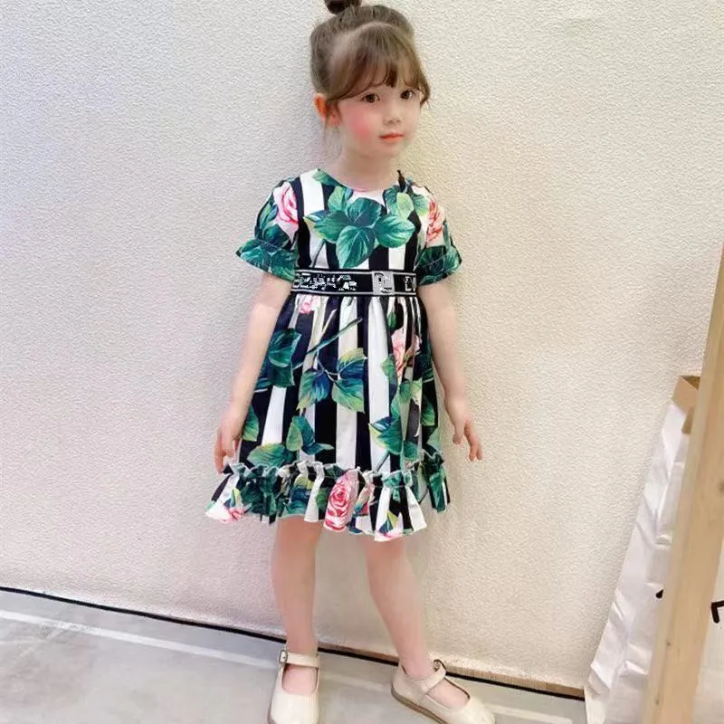 

2021 New Hot sale Summer New Top Quality Green Stripe Flower Elegant Princess Girls Dress