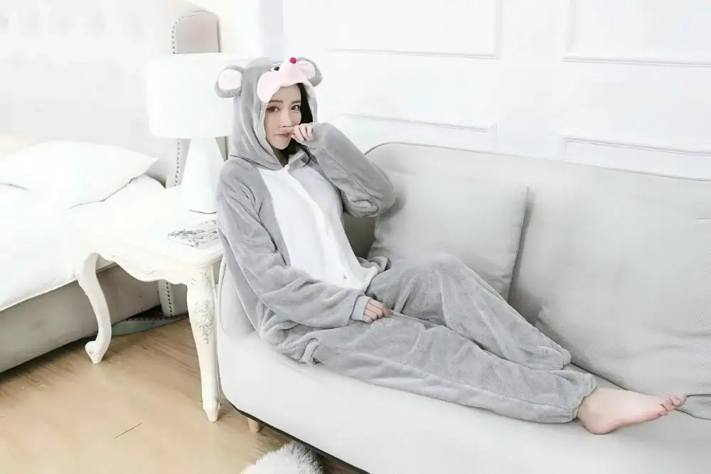 Серая мышь кигуруми Onesie животных взрослых фланелевые женские пижамы Вечерние