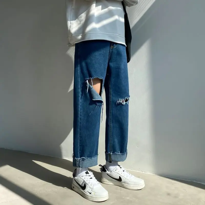 

2021NEW Spring And Autumn Tide Brand Retro Washed Ripped Jeans Male Korean Student Casual Loose Straight Wide-leg Pants