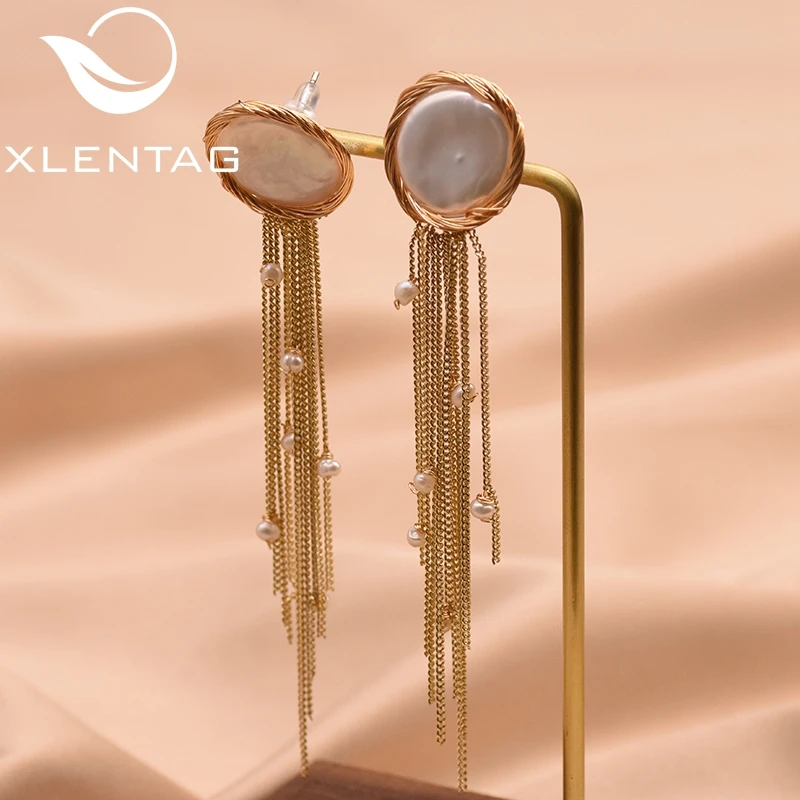 Женские серьги подвески с жемчугом XlentAg золотистые кисточками для девочек