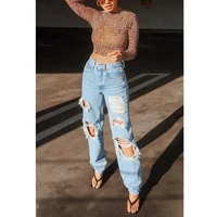 fashion womens jeans casual hot selling high street fashion mid waist solid color straight hole cut out washed jeans donsignet