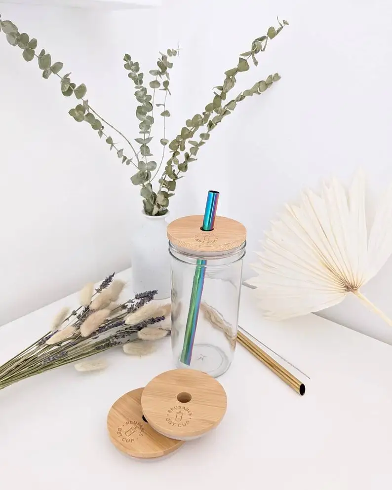 【JULIO1 REMISE3】Paquete de 3 tazas de t&eacute; de burbujas reutilizables con tapa de bamb&uacute;, t&eacute; de burbujas y pajita para batidos, env&iacute;o de dos pajitas-3