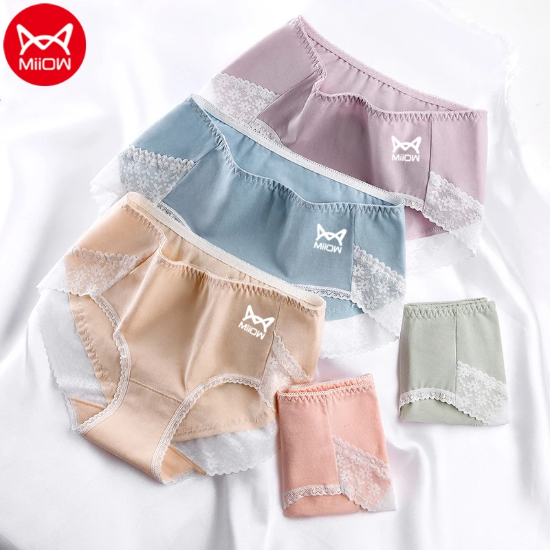 

Miiow 4 шт./компл. хлопковое кружевное женское нижнее белье, Однотонные эластичные трусики для девочек, японское женское нижнее белье, трусики ...