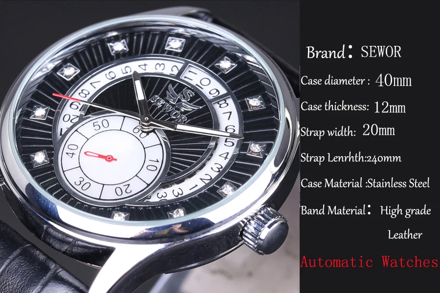 

SEWOR Men Watch Fashion Sport Black Watches Men Auto Date Automatic Mechanical Wristwatches Small Seconds Clock Reloj Hombre