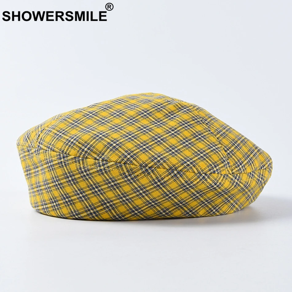 Берет женский хлопковый в клетку желтого и красного цветов |