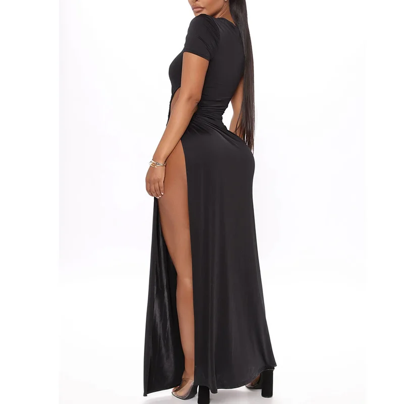

Ladies Summer Fashion Chic Vacation Clothing Solid Color Sexy Short-sleeved T-shirt Long Skirt Sexy Hollow Side Slit Long Dress