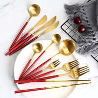 4pcs red gold cutlery set stainless steel food tableware set home steak knife fork coffee spoon teaspoon upscale dinnerware set