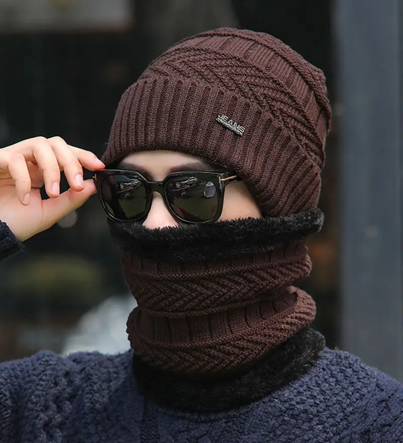 

men winter beanie hat scarf set thick warm knitted hat outdoor sports hat solid color hat set