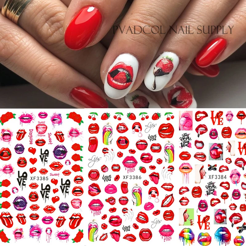 

Nail Art Stickers Red Lips Nails Decals Sticker Hot Sexy Girl Tip Back Glue Decal Cool Lollipop Self Adhesive Acrylic Tips Tool