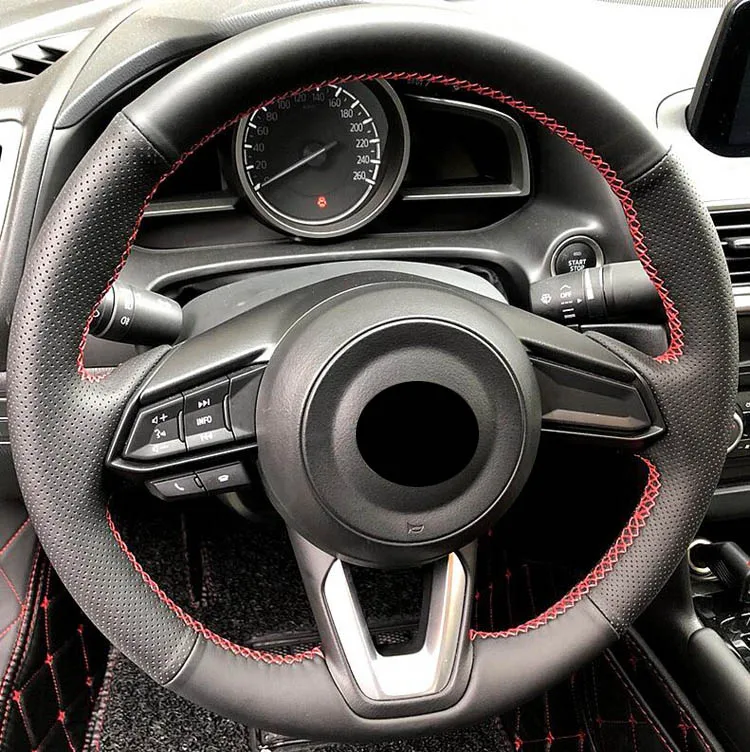 Black Leather Hand-stitched Car Steering Wheel Cover For Mazda 3 CX-5 2017 CX-9 2016 | Автомобили и мотоциклы