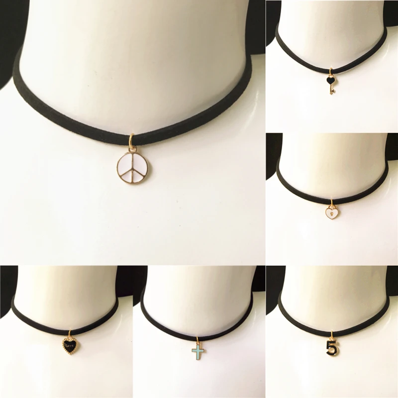 Ladies Handmade Peace Love Lock Pendant Suffix Short Sleeve Necklace Gothic Series Cross Clock Key Black Velvet Collar Necklace