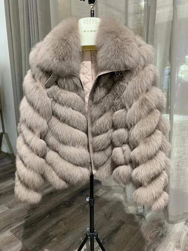 Женская утепленная шуба из натурального Лисьего меха модная теплая с воротником