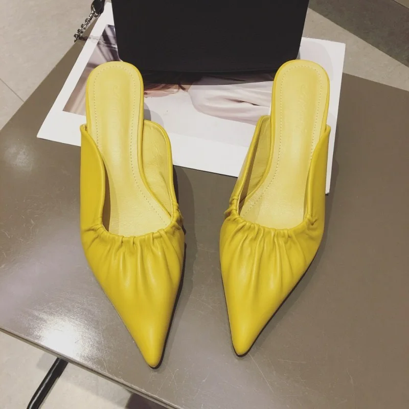 

LEMAI Kitten Heel Comfortable Mules Women Shoes Mid-heel Slippers Solid Color Pleated Shoes Pointed Toe Lazy Women Slippers