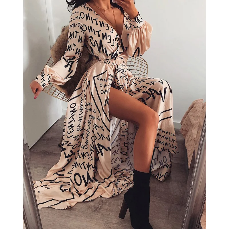 

Women Long Maxi Dress V-neck Lantern Long Sleeves Letter Print Ethnic Summer Autumn Beach Split Boho Style Dress Sundress