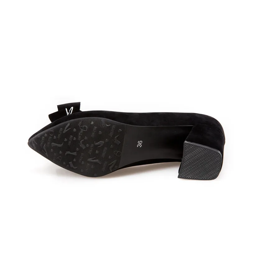 Туфли-лодочки женские с бантом флоковые на высоком блочном каблуке 6 см