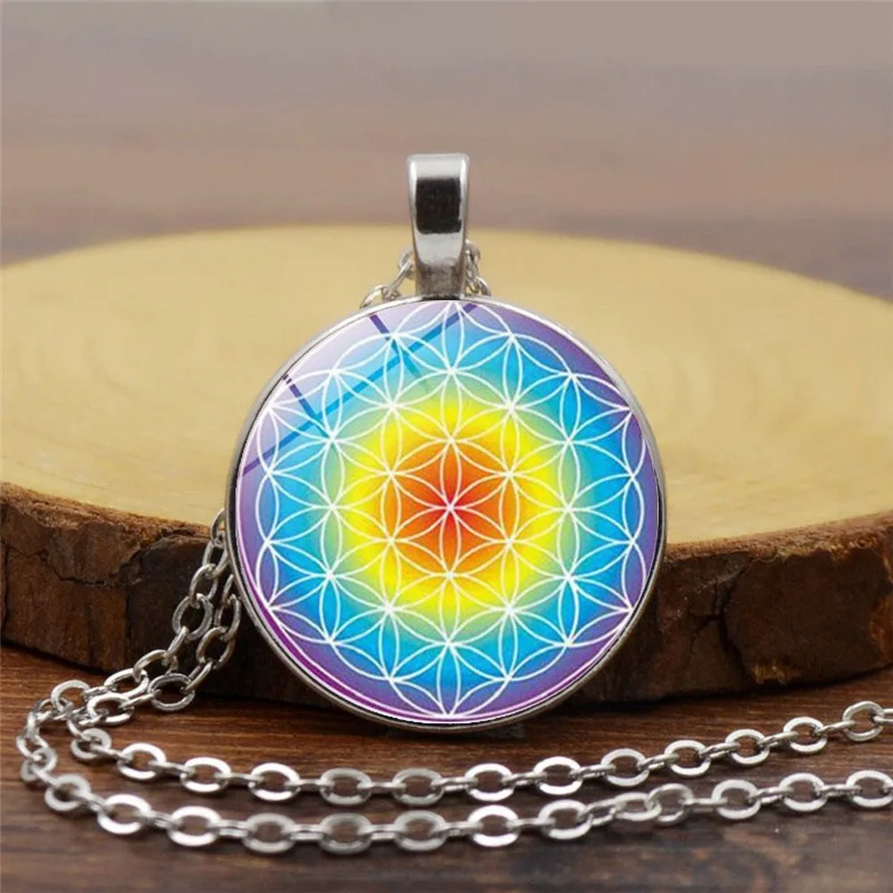 

2020 Men and Women Couples Gift Mandala Flower Glass Dome Pendant Time Necklace Ethnic Style Black Brown Sweater Chain