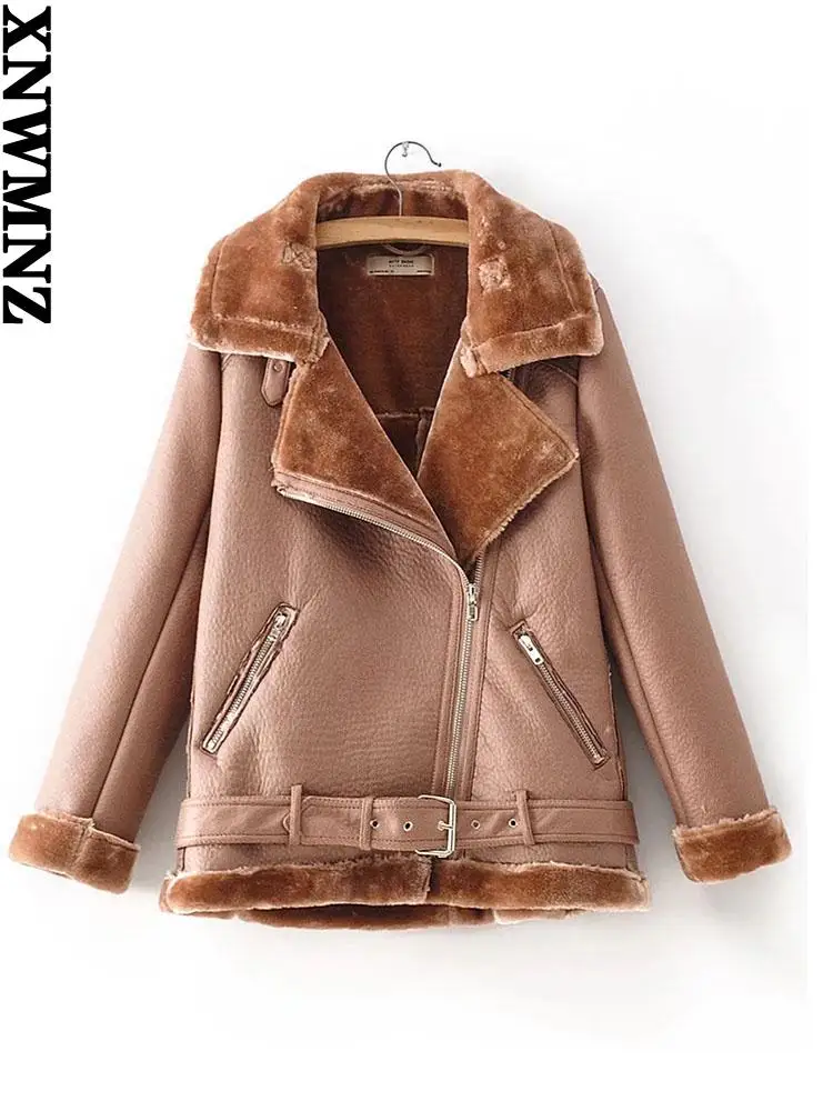 XNWMNZ 2021 Fur Long Sleeved Loose Belt Thick Warm Women's Jacket Lamb Wool Winter Thickened Locomotive Lapel Female Coat