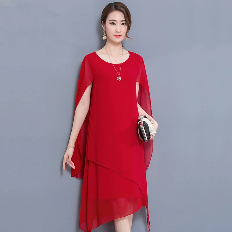 

Chiffon asymmetric shawl dress female fashion casual short sleeve dress large size M-5XL high quality and elegant vestidos