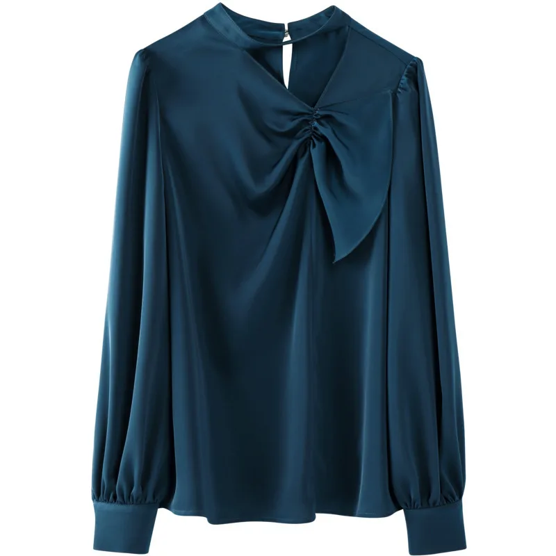 

2021 spring new ladies women's pure color temperament sexy perspective pleated small shirt long-sleeved chiffon shirt women