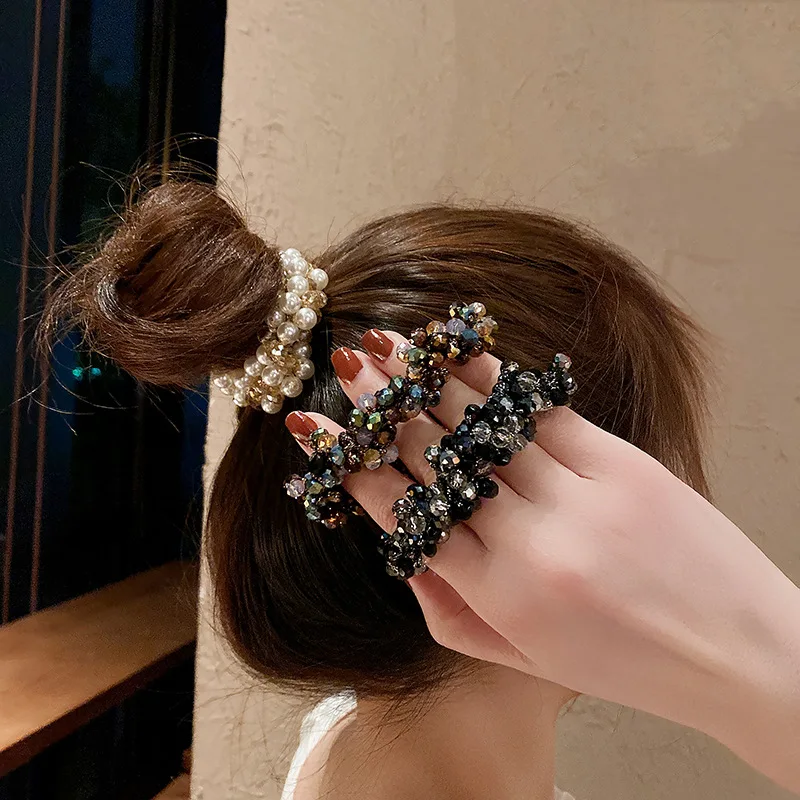 

Gomas Pelo Niña Pearl Crystal Hair Tie Pearl Zou Chrysanthemum Flower Hair Ring Girl Ponytail Rubber Band Bun Hair Ornament