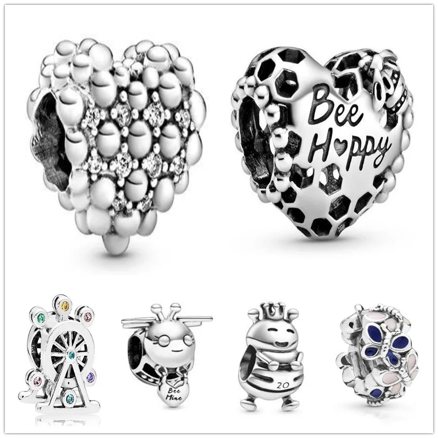 

Authentic 925 Sterling Silver Black Enamel Bee Mine With Love Heart Charm Beads Fit Women Pandora Bracelet & Necklace Jewelry