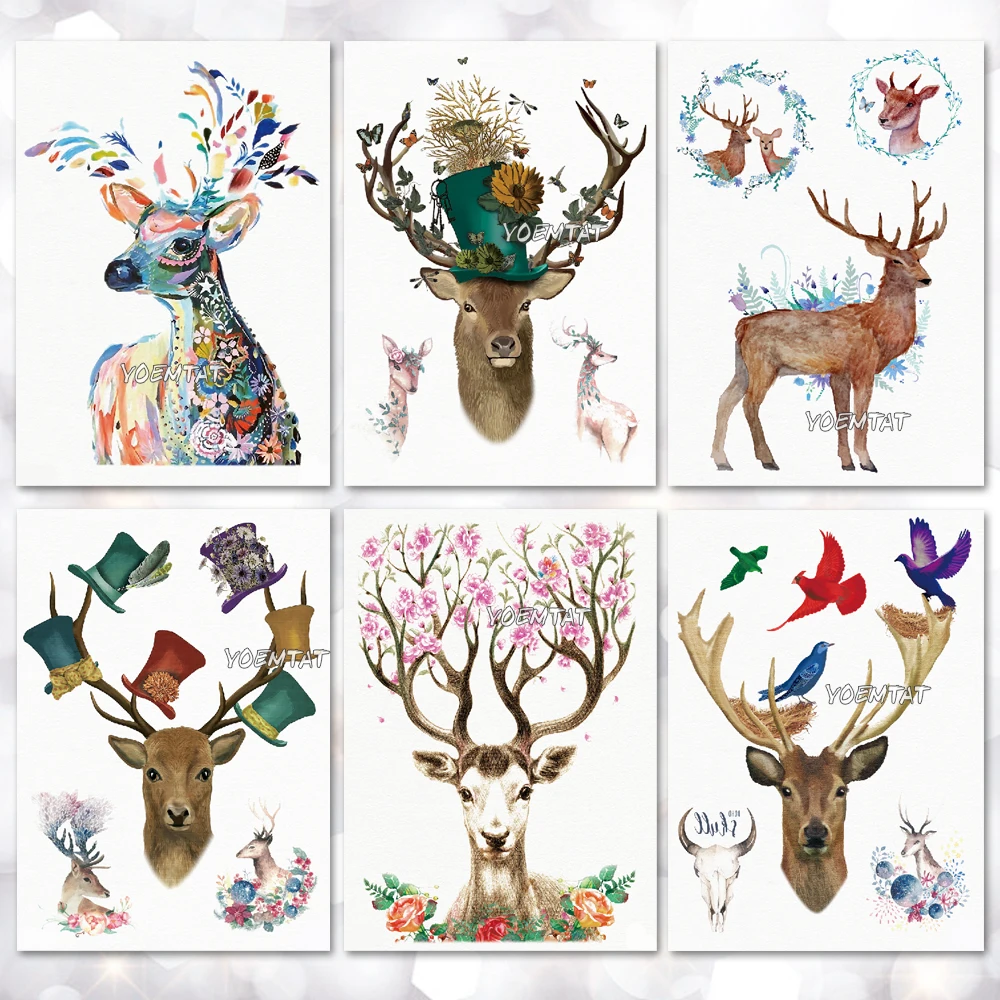 Водостойкая временная татуировка наклейка акварель лес олень узор переводка
