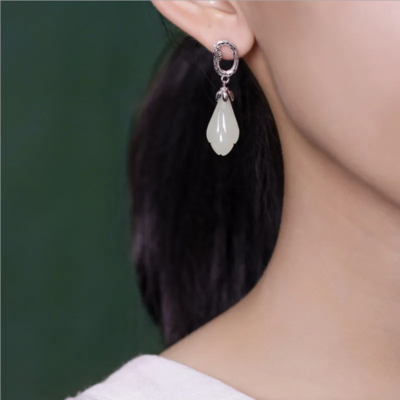Женские серьги из серебра 925 пробы с натуральным нефритом | Украшения и