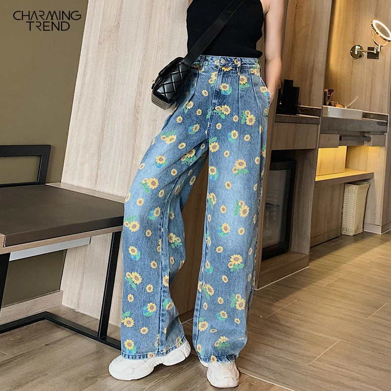 

Retro Baggy Jeans Women 2020 Autumn Daisy Print Straight Denim Long Pants Fit Woman Hight Waist Loose Plus Size Blue Jean Female