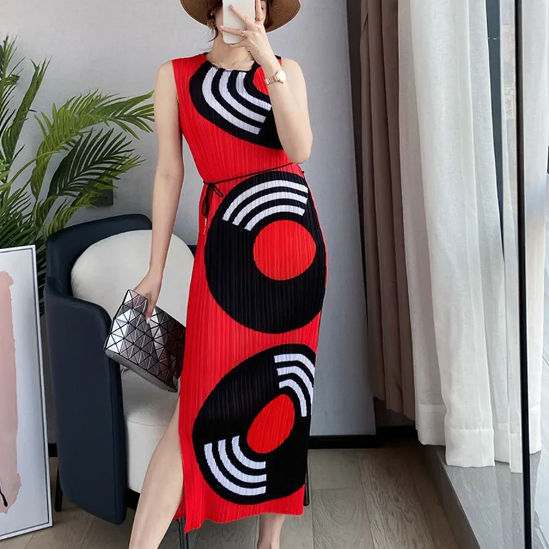 

2022 Summer Printing Dress For Women Round Neck Sleeveless Slim Split Side Long Dresses Female Elegant E442