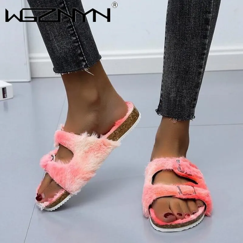 

2020 Winter Home Shoes Women House Slippers Warm Faux Fur Ladies Cross Soft Plush Furry Female Open Toe Slides Fashion Shoes