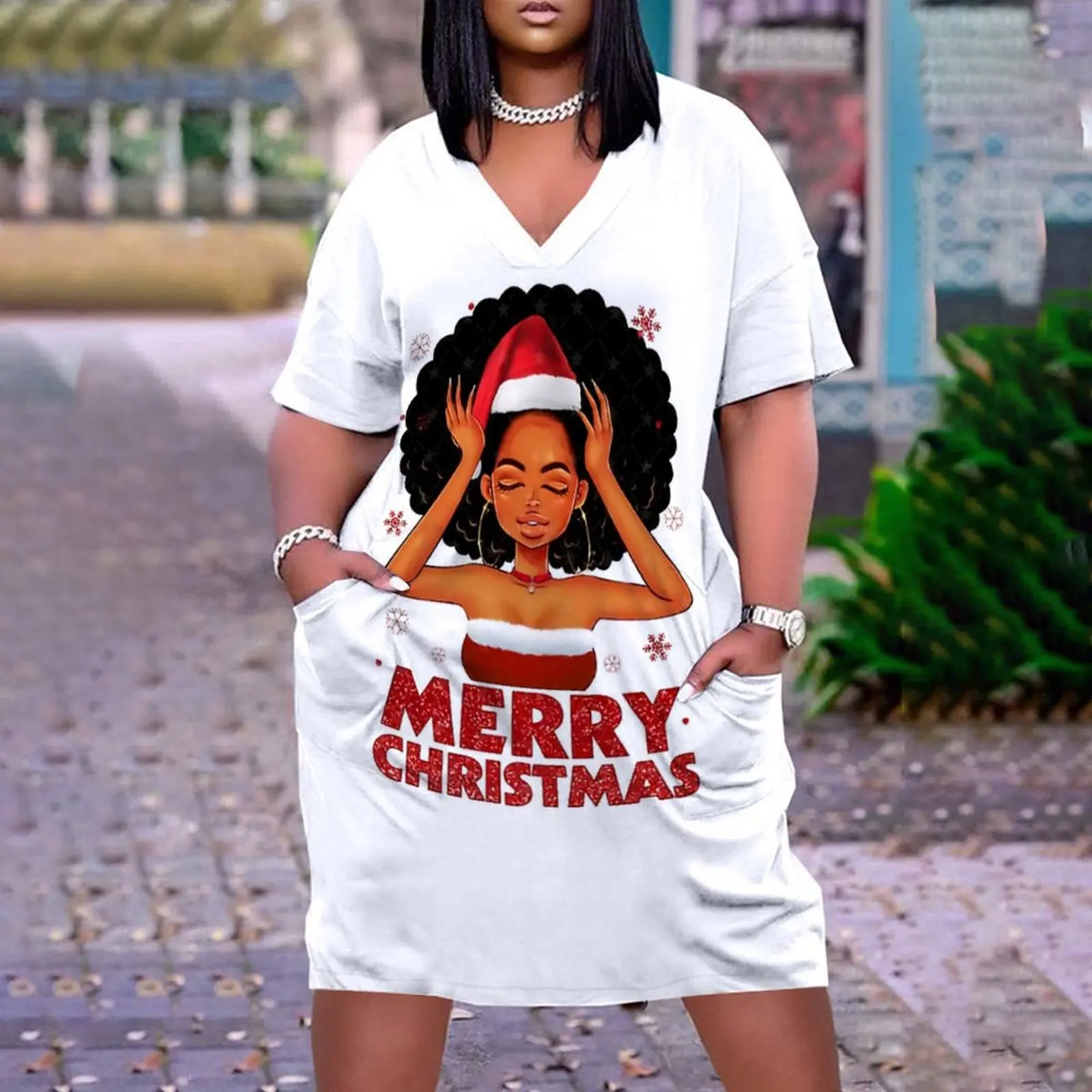 

Женское пляжное платье с принтом, свободное платье с V-образным вырезом, удобное платье большого размера на Рождество, лето 2021