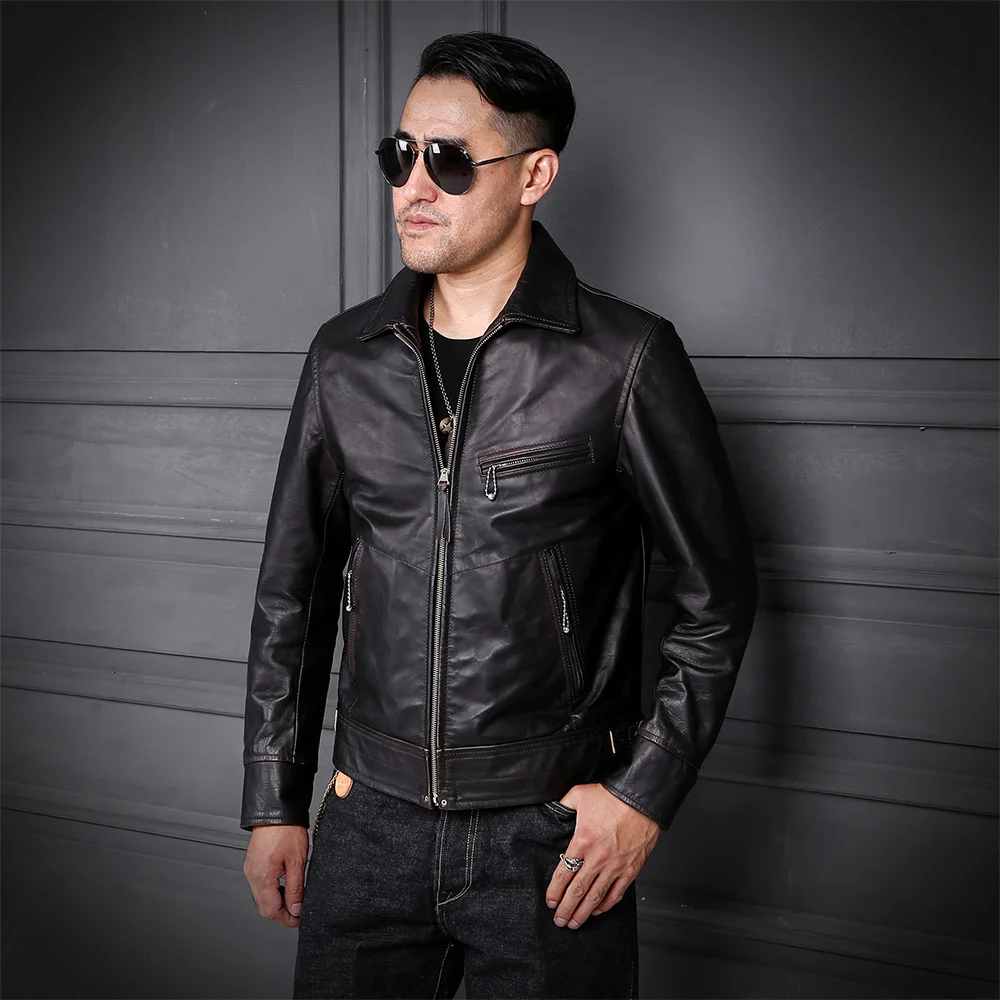 

Мотоциклетная куртка 2021 из натуральной кожи в черном стиле, Мужская короткая приталенная байкерская куртка большого размера 3XL из натураль...