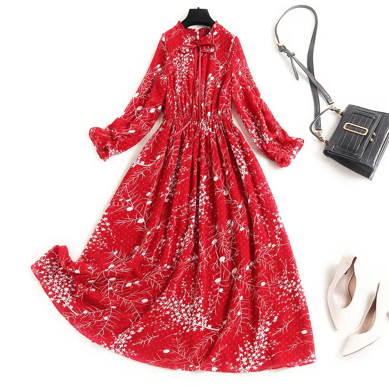 

2021 Spring New Casual Woman One Piece A Line Grace Floral Red Chiffon Dress