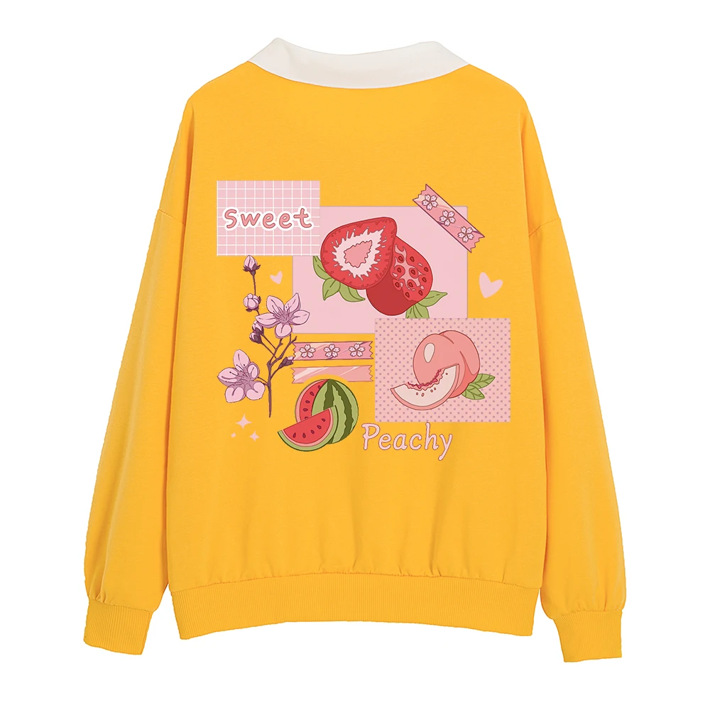 Spring Autumn Sweatshirt Woman Cartoon Harajuku Polo Collar Trendy Hoodies for Women Kawaii Japanese Style Strawberry Sweetshirt
