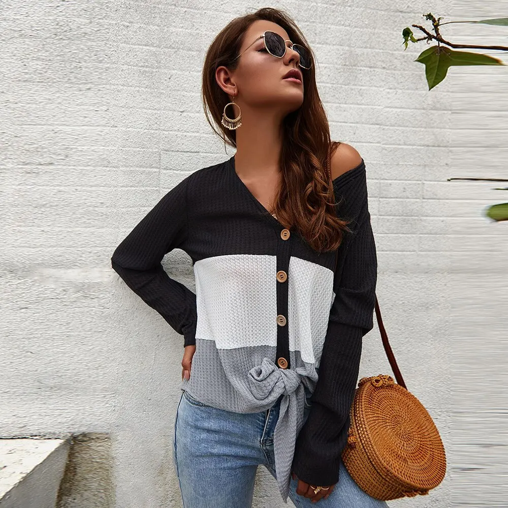 CALOFE 2019 New Casual Fashion Cardigans Lace Up Sweaters For Women Autumn Winter V-Neck Knitted Slim Patchwork Tops |
