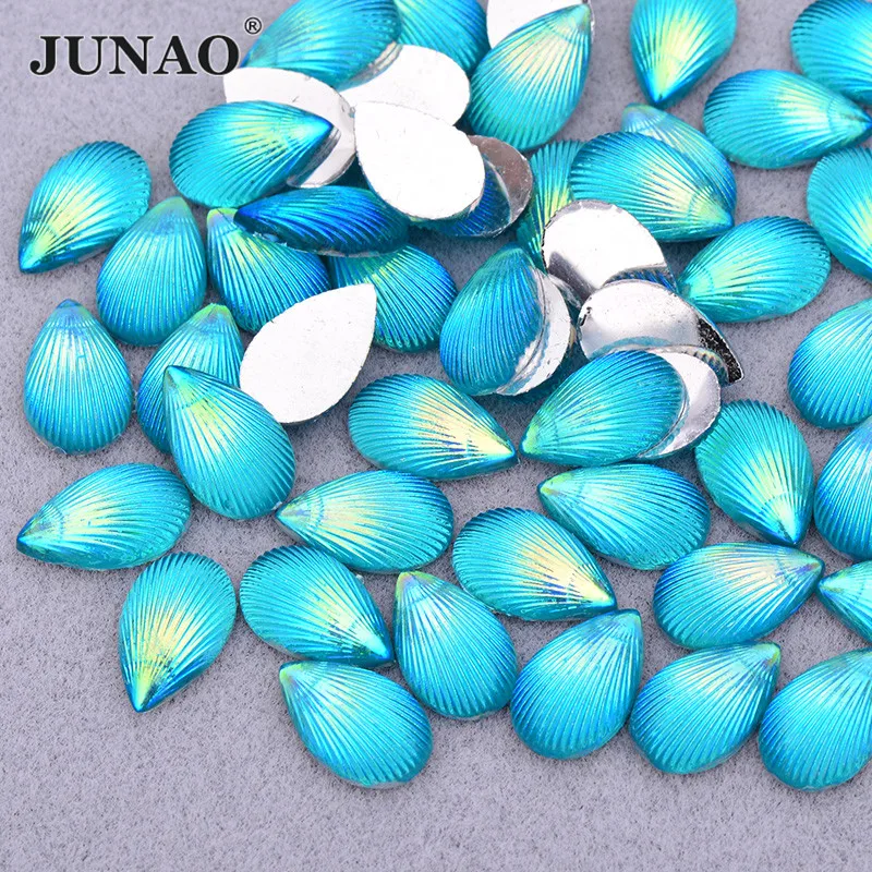 

JUNAO 200pcs 8*13mm Aqua Blue AB Shell Rhinestone Teardrop Crystal Stones Flatback Strass Applique Scrapbook Beads DIY Crafts