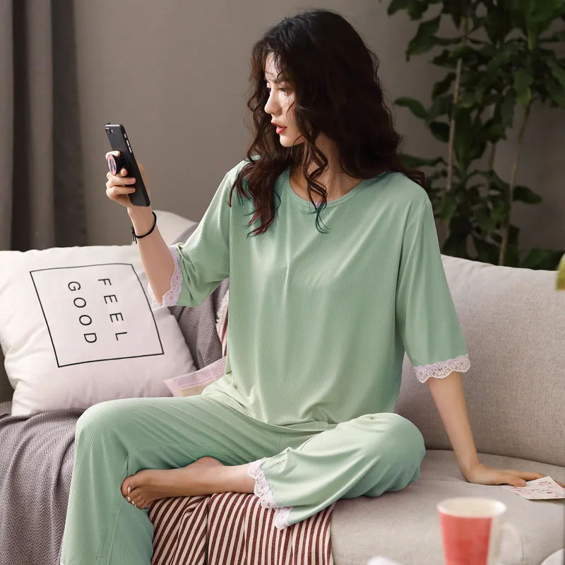 

Modal Summer Short-sleeved Women's Pajamas Set, Round Neck Casual Viscose Pajamas, Pure Color Elegant Thin Large Size Home Wear