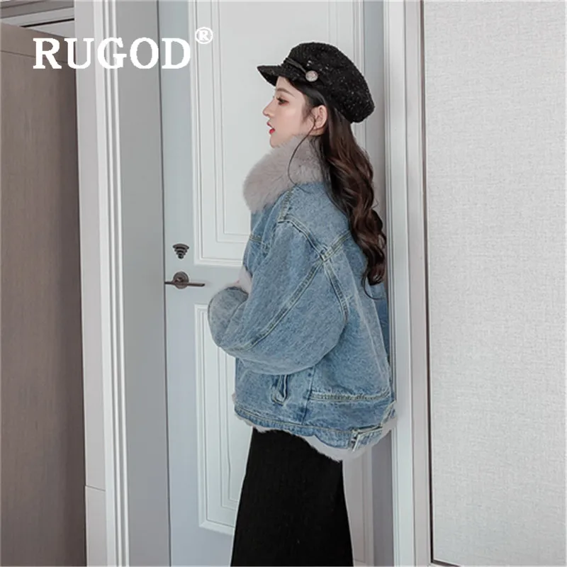 Женская укороченная куртка RUGOD толстая джинсовая с карманами и лисьим мехом