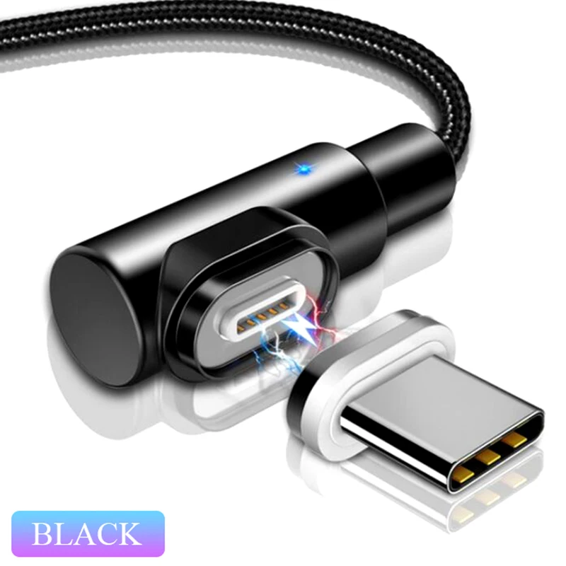 Black For Type C Магнитный usb type-C кабель 90 градусов 3 А шнур для быстрой зарядки и передачи данных для samsung S9 huawei Xiaomi USBC Магнитный светодиодный светильник для зарядки - Цвет: Black For Type C
