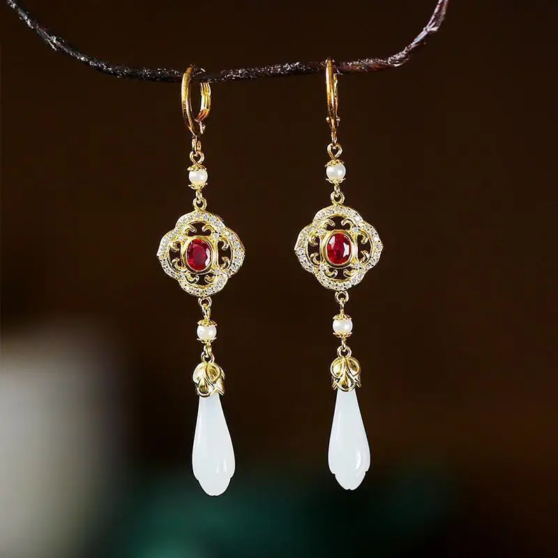 

Super Heart Narcissus Floating White Nephire Hetian Jade Orchid Eardrops Long Sterling Silver Colorful Gemstone Earrings Female