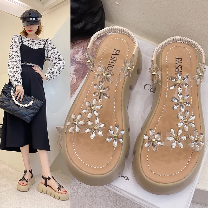 

Summer New Women Sandals Fashion Flower Diamond Women Sandals Thick Bottom Increased Women Casual Sandals Free Shipping