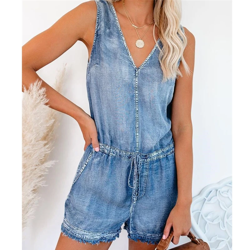 

Wepbel Denim Jumpsuit Summer V-neck Sleeveless Romper Jean Playsuit Pocket Casual Stitching Lace-up Overalls Jumpsuit